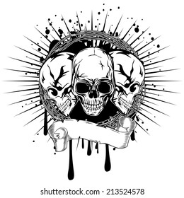 Vector illustration three human death skulls with barbwire 