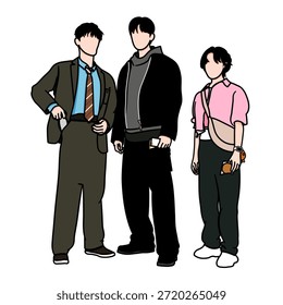 Ilustración vectorial de tres humanos cada uno poseyendo sus propios superpoderes. La pintura está inspirada en una escena de un popular drama coreano.