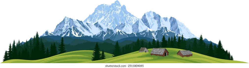 vector illustration - three huts on a mountain meadow