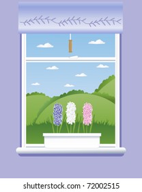 vector illustration of three hyacinths flowering on a windowsill with a view of rolling green hills and blue sky in eps 10 format