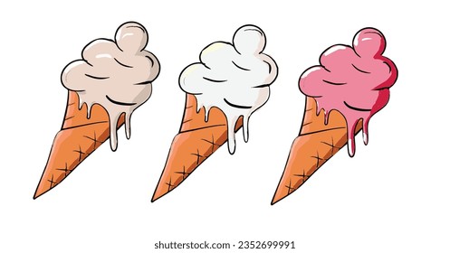 Vector illustration of three ice creams with three flavors: chocolate, vanilla and strawberry.