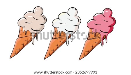 Vector illustration of three ice creams with three flavors: chocolate, vanilla and strawberry.