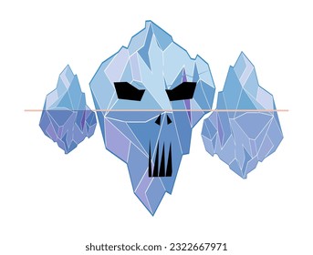 vector illustration of three icebergs floating on the water. ice with evil face