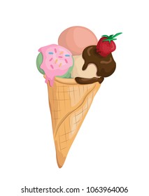 Vector illustration of three ice-cream balls with pink glaze, chocolate topping, strawberry and color sprinkling in the cone. 