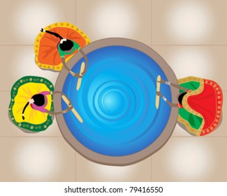 vector illustration of three indian lady cloth industry workers stirring a huge vat of blue dye viewed from above in eps 10 format