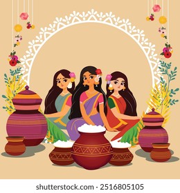 Ilustración vectorial de tres mujeres indias vestidas de sari sentadas juntas con ollas llenas de pongal