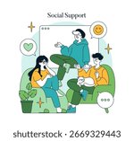 Vector illustration of three individuals in a casual setting, engaging in friendly social support. They are sitting comfortably, smiling, and communicating positively, creating a warm atmosphere.