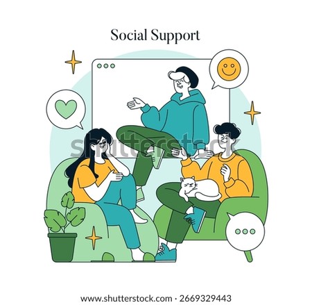 Vector illustration of three individuals in a casual setting, engaging in friendly social support. They are sitting comfortably, smiling, and communicating positively, creating a warm atmosphere.