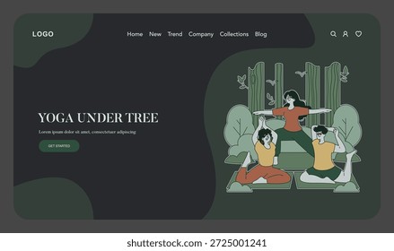 Ilustração vetorial de três indivíduos praticando poses de ioga sob árvores. A cena faz parte de um design de landing page, destacando o relaxamento e a atenção plena na natureza.