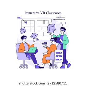 Vektorgrafik von drei Personen in einem Virtual-Reality-Klassenzimmer. Sie tragen VR-Headsets und beschäftigen sich mit digitalen Inhalten, die eine immersive Bildungstechnologie hervorheben.