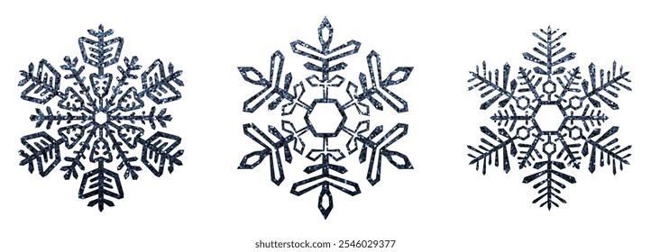 Ilustración vectorial de tres intrincados copos de nieve azules con un efecto brillante, perfecto para la decoración invernal y navideña.