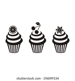 Vector illustration of three isolated black cupcakes