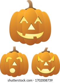A vector illustration of three isolated carved pumpkin jack-o-lanterns with a happy face, a scared face and a scary smiling face 