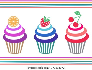 Vector illustration of three isolated colorful fruit cupcakes