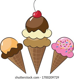 A vector illustration of three isolated ice cream cones