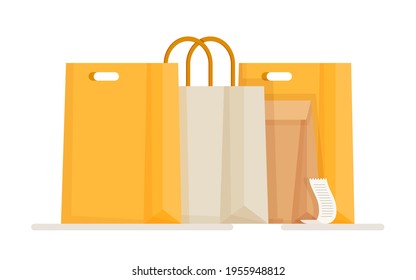 Ilustración vectorial de tres bolsas aisladas de papel de zeko. Limpiar caja de papel para café y té. Envase de cartón de pluma. Diseño plano de un paquete de comida rápida aislado. 