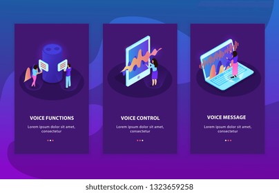 Vector illustration of three isometric advertising compositions representing devices with   voice control and  voice recognition functions