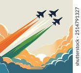 Vector illustration of three jets flying together in the sky leaving behind a trail of tricolored smoke coloured like the indian national flag to show Indian airforce