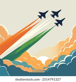 Vector illustration of three jets flying together in the sky leaving behind a trail of tricolored smoke coloured like the indian national flag to show Indian airforce