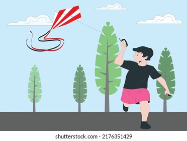 Vector Illustration of three kid flying kites in the park. Young boys playing with kites in a park laughing and running over the grass, colored cartoon vector illustration.