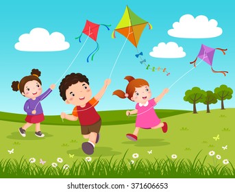 Vector Illustration of three kids flying kites in the park