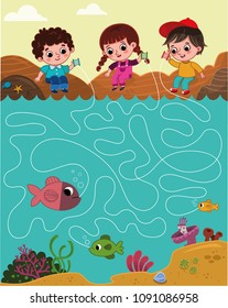 Vector illustration of three kids gone fishing. Puzzle game for children in cartoon style. Follow the lines to see who has caught the biggest fish.
