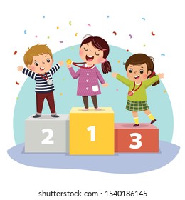 Vector Illustration Of Three Kids With Medals Standing On Winners Pedestal.