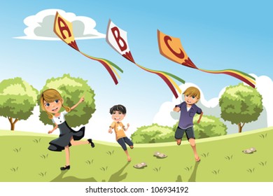 A vector illustration of three kids playing in a park running with alphabet kites