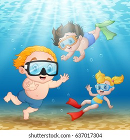 Vector illustration of Three kids swimming and diving underwater