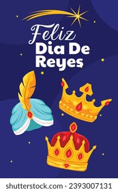 Vector illustration of three king crowns saying Feliz Dia de Reyes