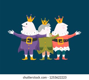 Vector Illustration for Three Kings Day, also known as Little Christmas or Epiphany. Cartoon styled Epiphany Day Three Kings celebrating and embracing each other.