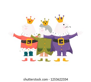 Vector Illustration for Three Kings Day, also known as Little Christmas or Epiphany Day: three cute funny magic Wise Kings made in cartoon style isolated.