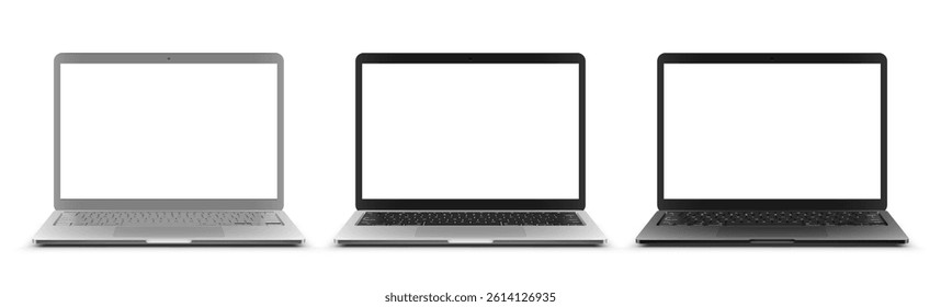 Vector illustration of three laptops with different color and blank empty white screen. Realistic mockup or template, isolated on white background