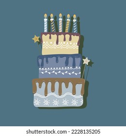 Vector illustration of three layers birthday cake on dark blue background