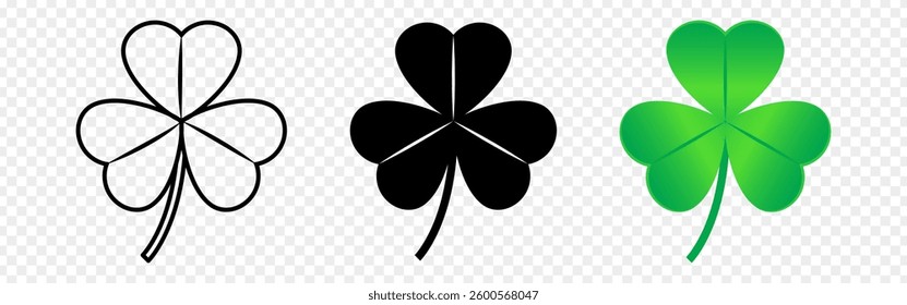 Vector illustration of three leaf clover in green and black color on transparent background
