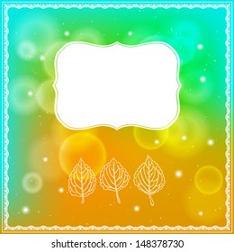 Vector illustration of three leaves and ornamental frame on abstract bokeh background. Modern drawing for autumn poster template, seasonal sales coupon, wedding invitation card, postcard, web banner