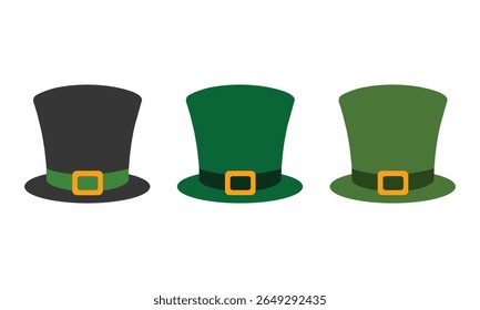 A vector illustration of three leprechaun-style hats in black and green shades with gold buckles. Ideal for St. Patrick’s Day designs, festive graphics, costume themes, or seasonal celebrations.