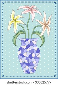 Vector illustration three lilies in vase in rectangular frame with wavy ornament and polka dot