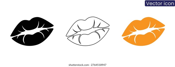 Vector illustration of three lips icons in black, line art, and orange on white background, perfect for design and branding projects