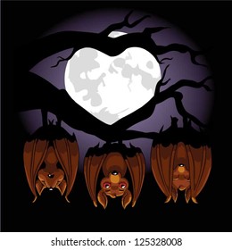 Vector illustration of a three little bats waking up and hanging from a branch in the moonlight.