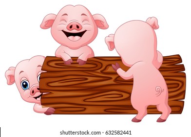 Vector Illustration of Three little pig cartoon in the log