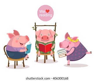 Vector illustration of three little pigs reading a book