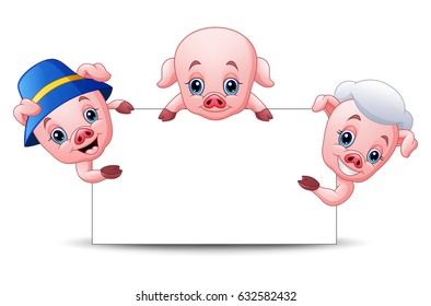 Vector Illustration of Three little pigs cartoon with blank sign