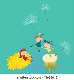 Vector illustration of three little thumbelinas playing among dandelions.