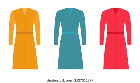 Ilustración vectorial de tres abrigos largos con cinturones en varios colores, ideales para moda, ropa de abrigo y diseños de ropa.