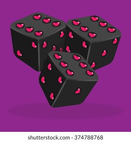 Vector illustration of three lucky black dice with heart - violet background.