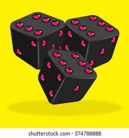 Vector illustration of three lucky black dice with heart - yellow background.