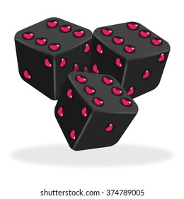 Vector illustration of three lucky black dice with heart. White background.