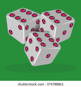 Vector illustration of three lucky gray dice with heart - green background.