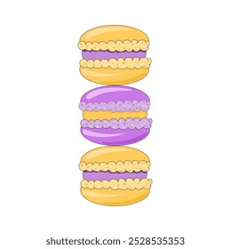 Vector illustration of three macarons in vibrant purple and yellow colors, perfect for Valentine's Day. Ideal for use in food-related designs, bakery branding, packaging, and festive invitations.